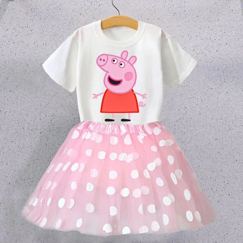 Peppa Pig Mädchen T-Shirt und Rock Set, Niedliches Cartoon-Anime-Oberteil, Kurzarm-Kinderkleidung, Lässige Sommer-Mädchenkleidung, Geschenke