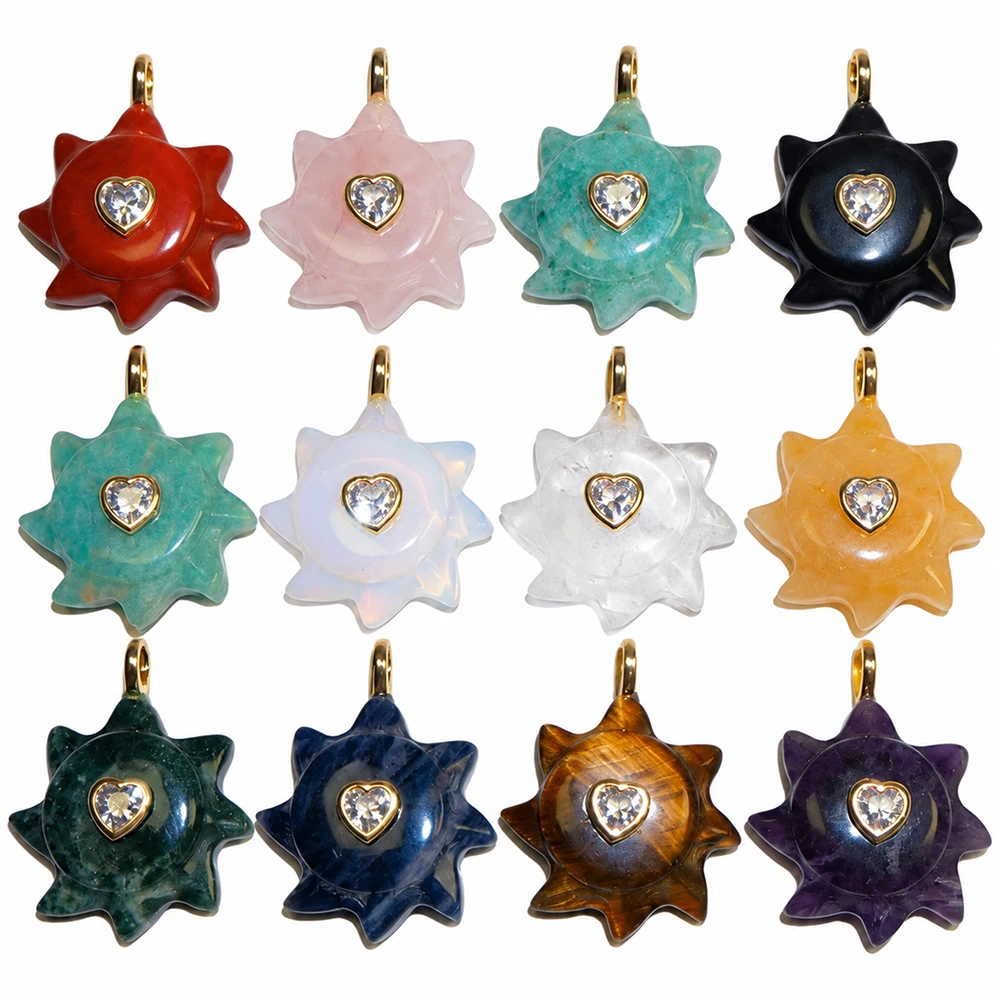 28x34mm Sunflower Shape Carved Natural Crystal Stones with Heart Zircon Amazonite Amethyst Quartz for Diy Necklace Pendant