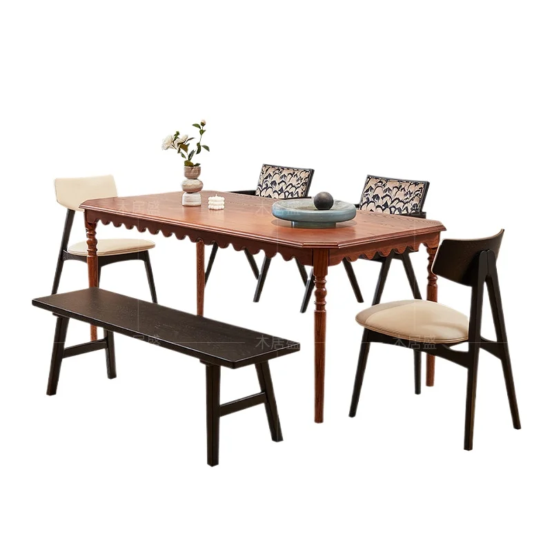 

Medieval style 1.5 meters solid wood dining table and chairs, French retro light luxury rectangular table, living room home