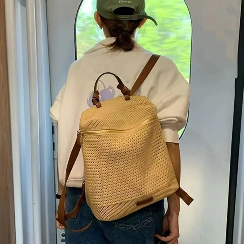 Straw Woven Shoulders Backpack Multi Pocket Large Capacity Female Messenger Bag Fashion Adjustable Strap Students Backpack