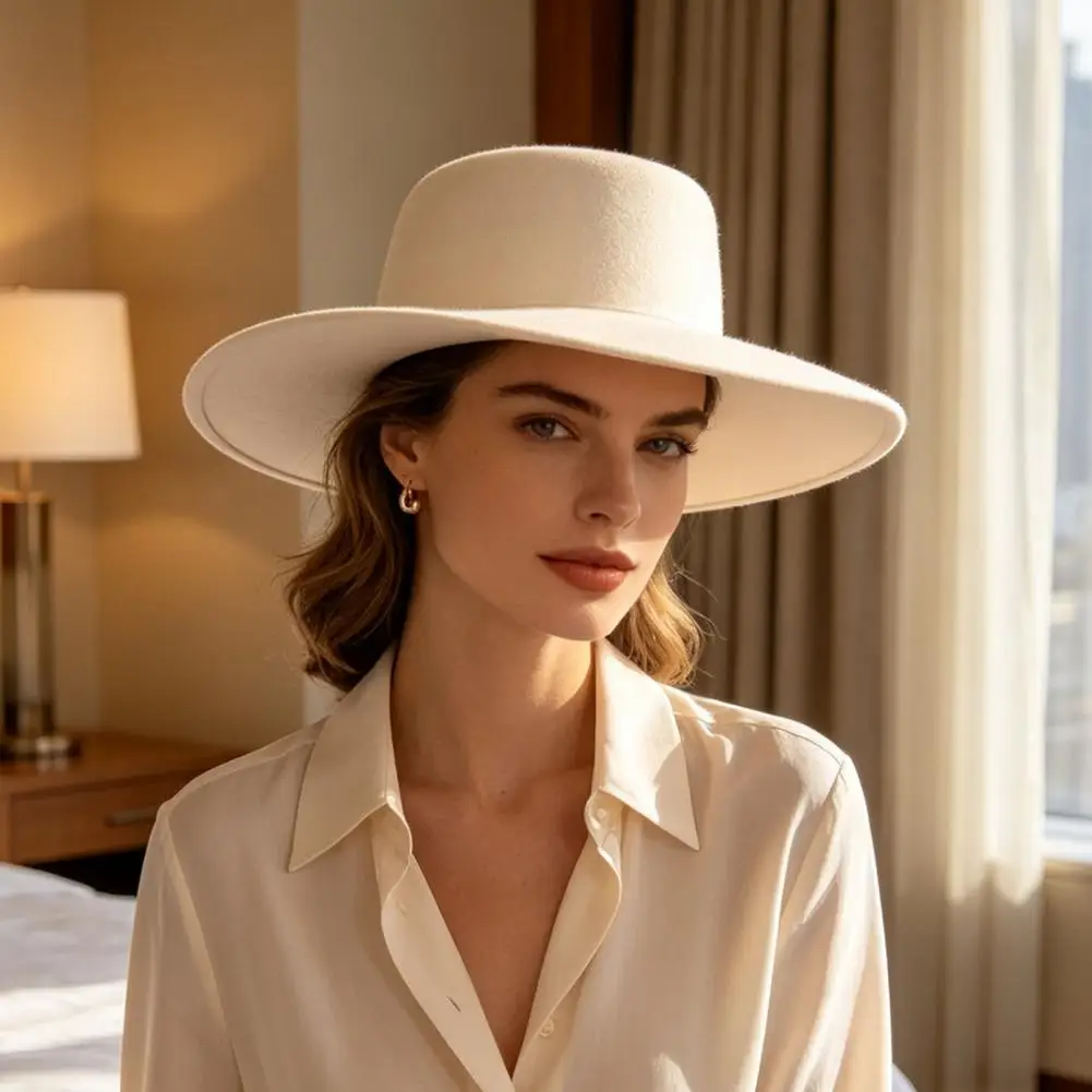 Small Face Effect Hat Flat Top Fedora Hat Wool Blend Derby Cap Wide Brim Felt Hat for Women Classic Retro Formal Event Headwear