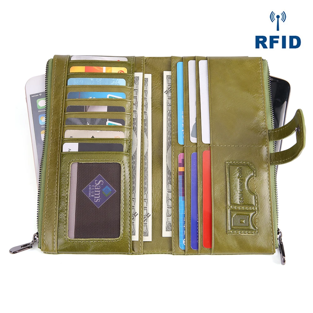 RFID-Portefeuille long en cuir véritable pour femme, sac à main avec plusieurs fentes pour cartes, fermeture à glissière pour pièce de monnaie, portefeuille mobile pour femme