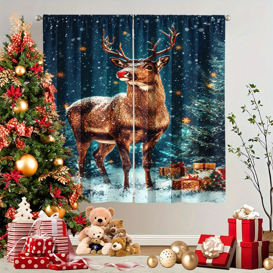 2PCS Christmas Winter Curtains, Red Nose Reindeer Snowy Gift Starry Blue Winter, Digital Print, Bedroom Living Room, Home Decor