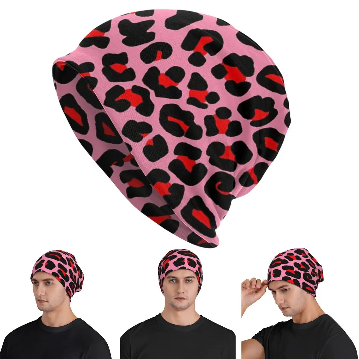 

Красные леопардовые шапки с пятнами на розовых черепах, теплые осенне-зимние уличные шапки, вязаные шапки для мужчин, женщин и взрослых