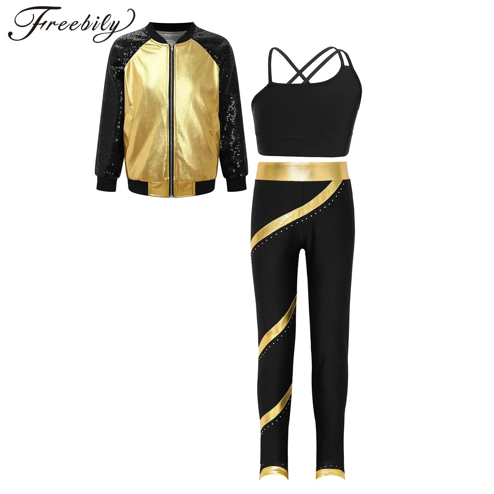 Kids Girls Shiny Metallic Jazz Hip-Hop Dance Costumes Bomber Jacket and Camisole Tank Tops Leggings Tracksuit Dancewear Set