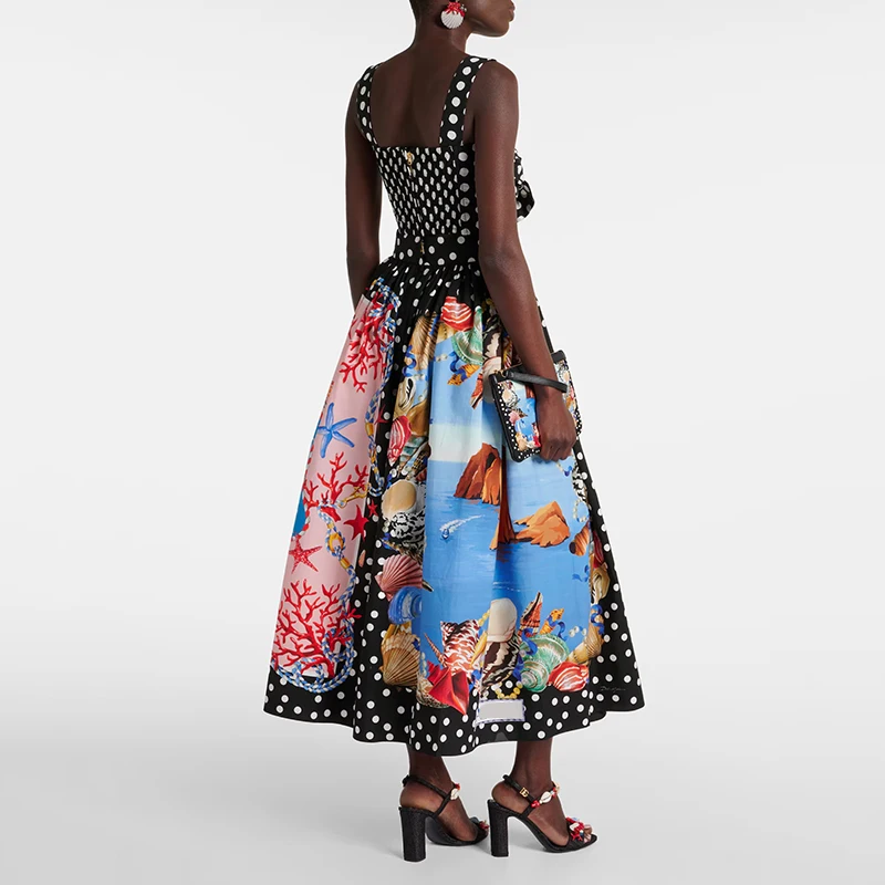 ONEINALL Retro Print Two Piece Set Women Square Collar Sleeveless Short Tops High Waist Printing A Line Skirts Set Female Summer