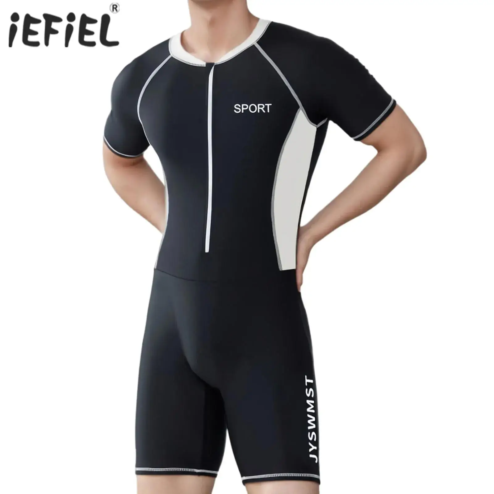 

Mens Swim Leotard One-Piece Swimsuit Color Block Bathing Suit Beachwear Swimwear Round Neck Short Sleeve Front Zipper Jumpsuit