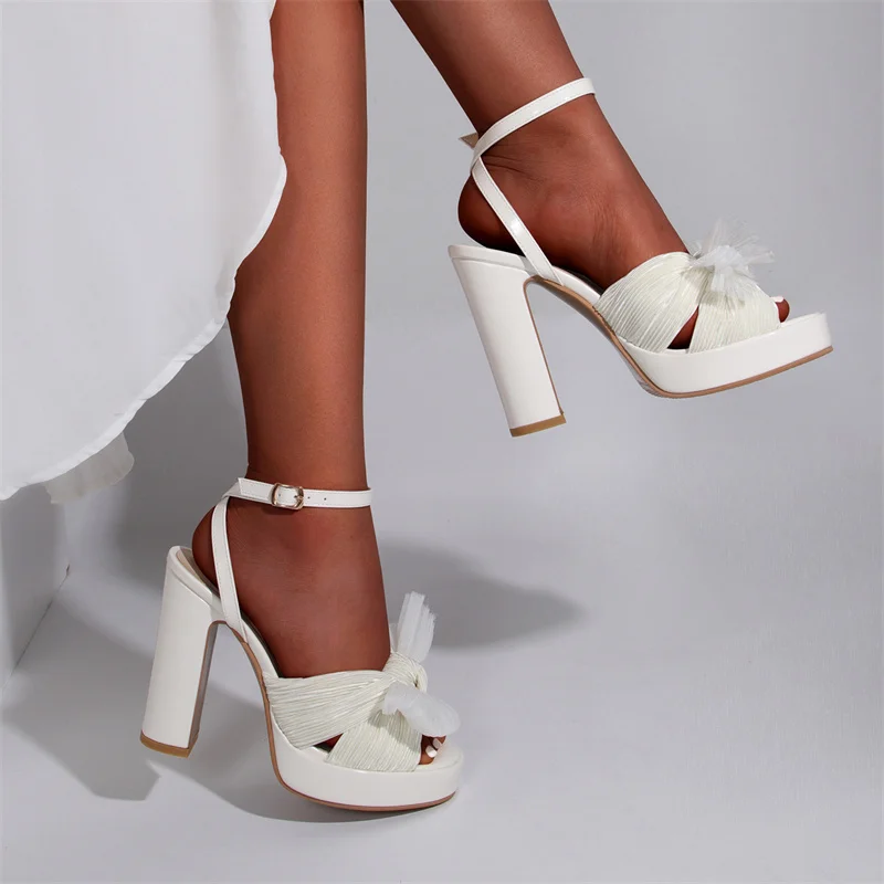 IPPEUM Women Platform Sandals White New High Heeled Bowknot Ankle Buckle Strap Chunky Square Heel Wedding Shoes