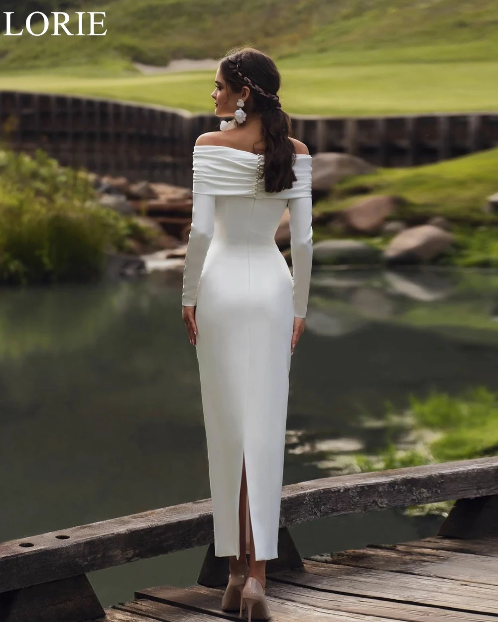 LORIE Simple Ivory Wedding Dresses Off Shoulder Mermaid Long Sleeves Ankle Length Bride Prom Gown 2024 Elegant Bridal Gowns