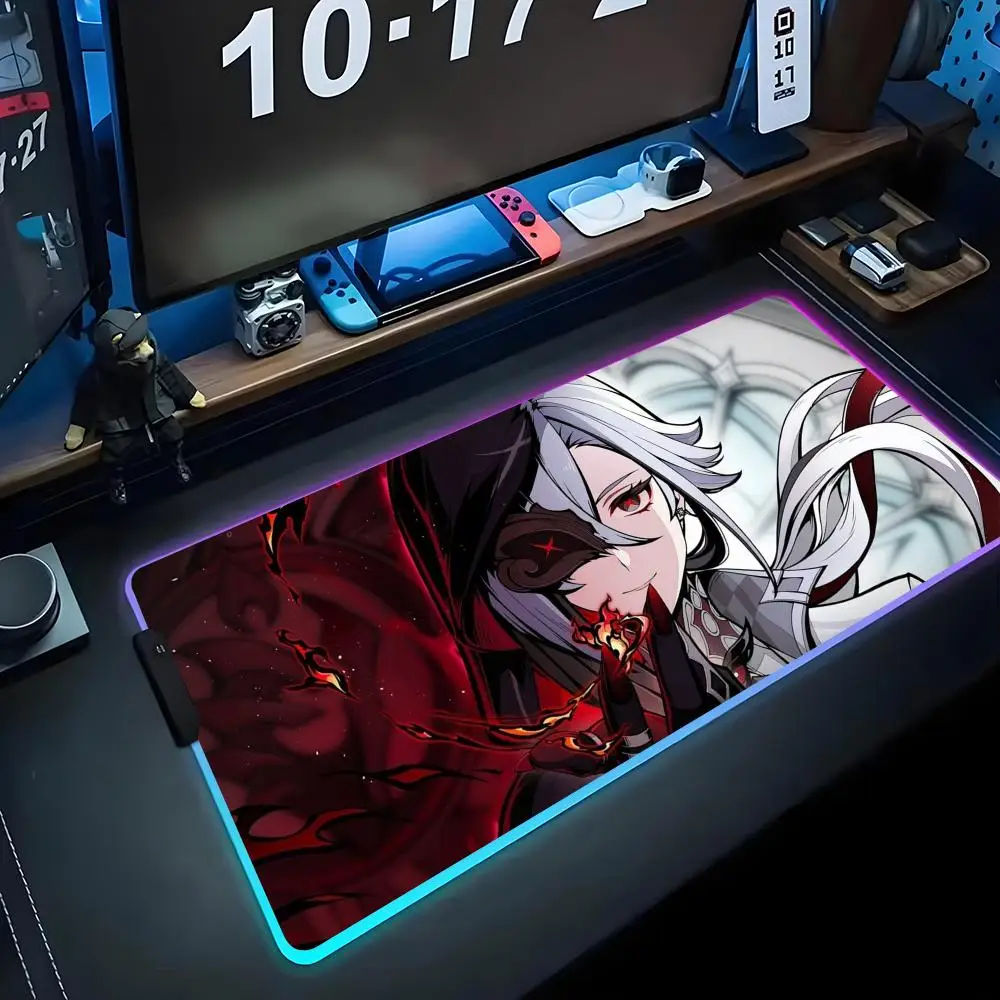 

Игровой коврик для мыши Arlecchino Genshin RGB, большой светодиодный коврик для ПК, светящийся коврик для мыши, большой коврик для клавиатуры, настольный коврик