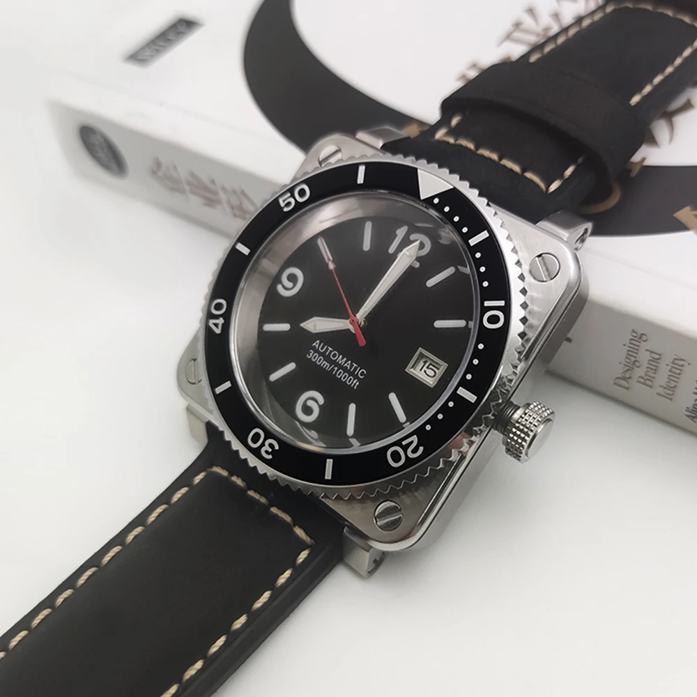 

Square 42mm Men's Stainless Steel NH35 Automatic Watch Lume Dial Sapphire Date Mechanical Wristwatch Leather Straps
