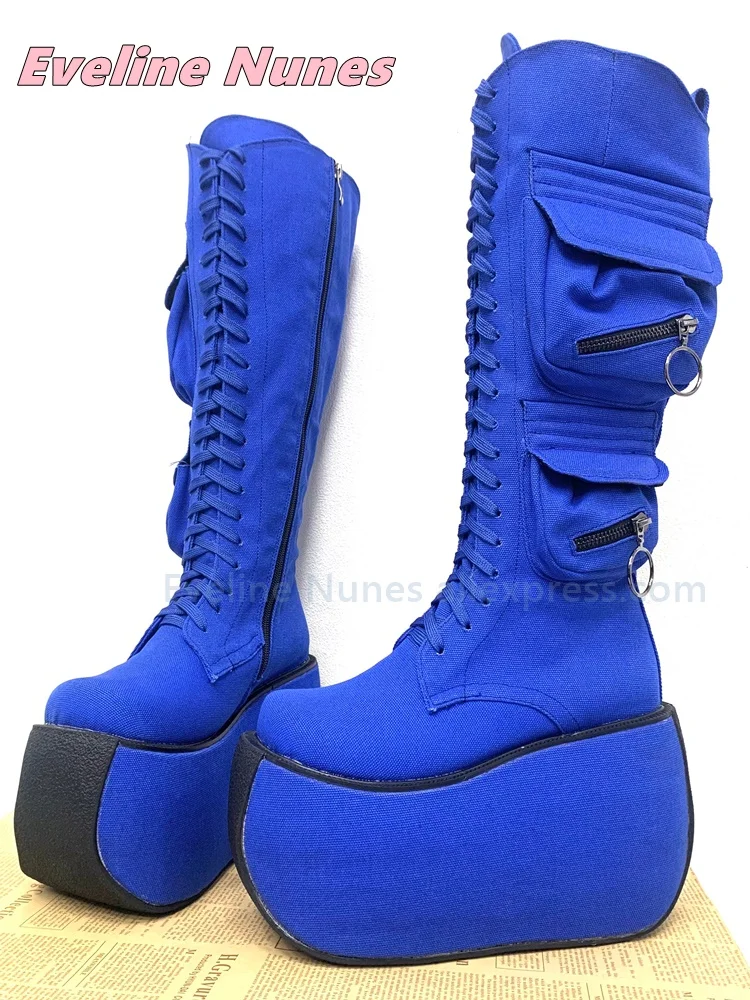 Women Blue Canvas Knee High Platform Boots Round Toe Lace Up Tall Boots with Pocket Side Zipper Y2K Streetwear Party Shoes Trend