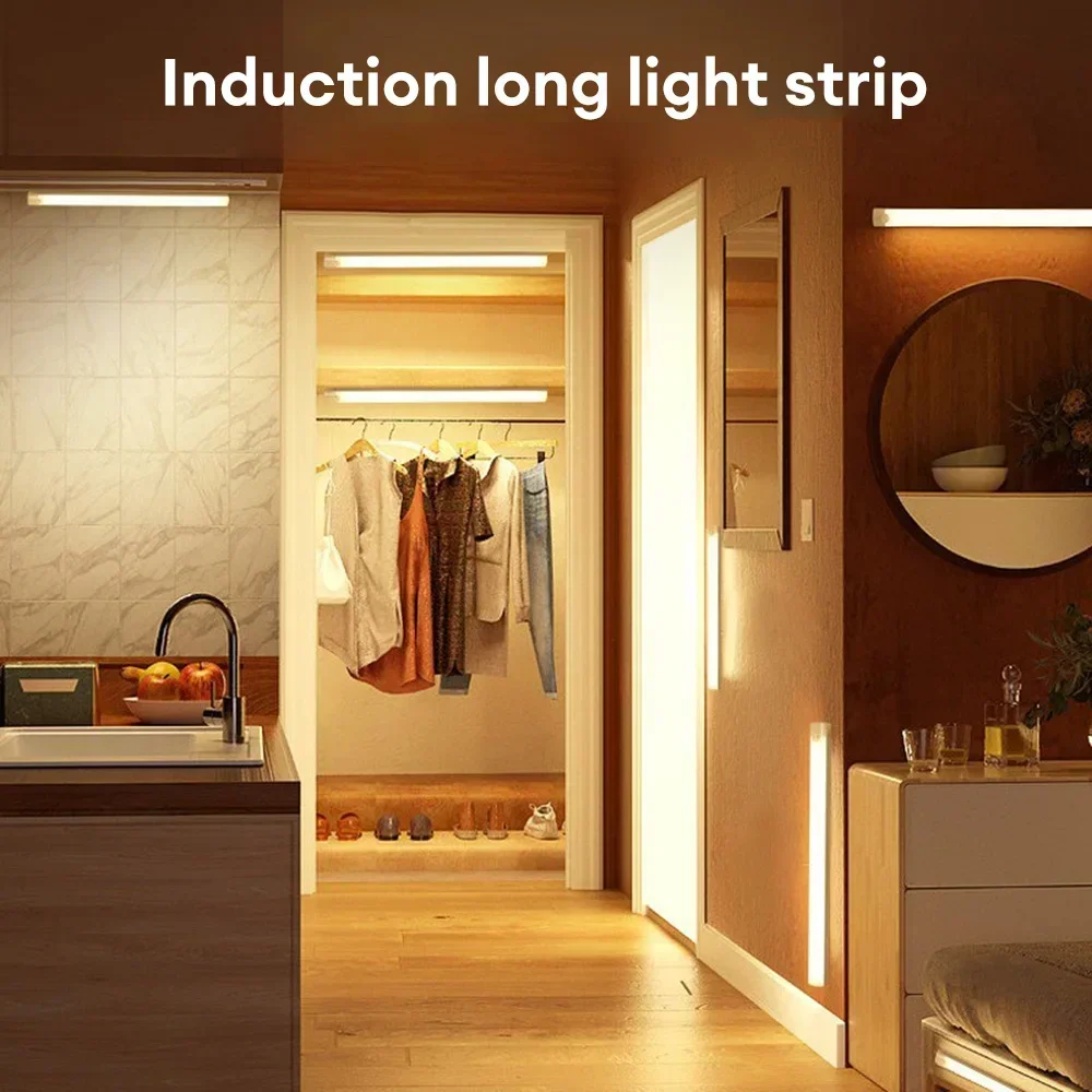 Rechargeable LED Motion Sensor Night Light Under Cabinet Cordless Lamp for Kitchen Wardrobe Bedside Induction Strip Bar Light
