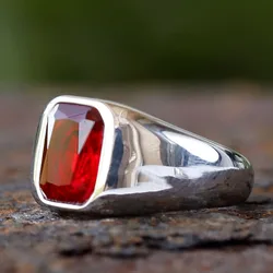 Stainless Steel Fashion Turkey Stone Ring Geometric red Zircon For Anniversary Party Wedding Men's Anels Totem Luxury Jewelry