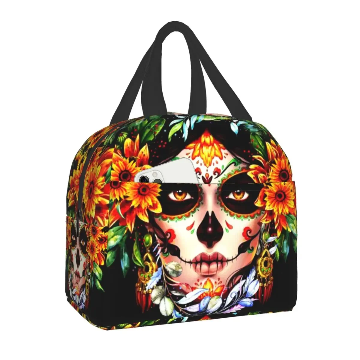 

Halloween Catrina Sugar Skull Insulated Lunch Bag for Women Kids School Food Day Of The Dead Cooler Thermal Portable Lunch Box