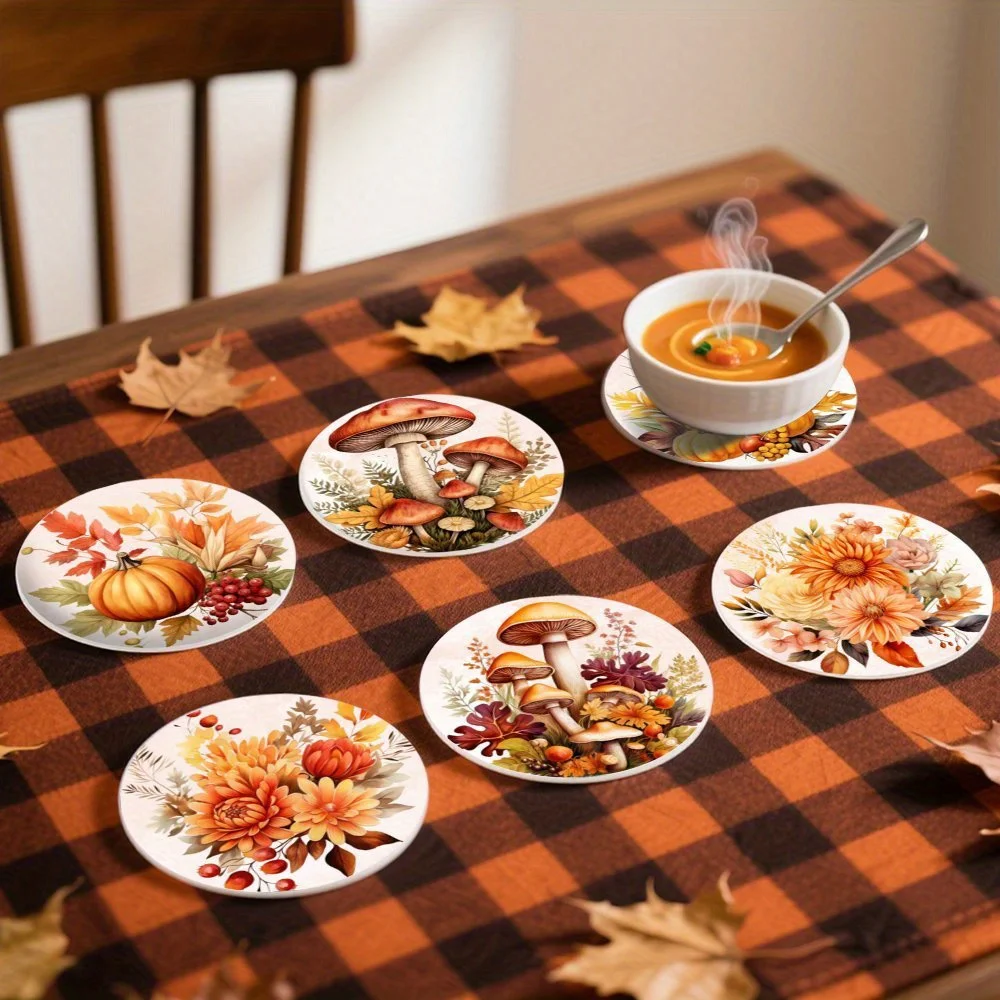 2D Fall Pumpkin Leaf Pattern 10CM Wooden Coaster Country Style for Coffee Shop Office Home Decor Party Seasonal Festive Decor
