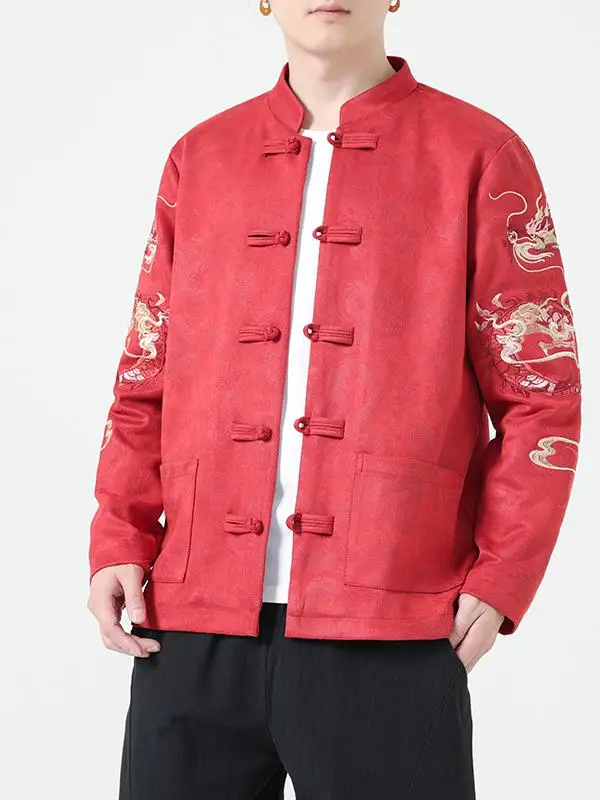 

Loose Fit Long Sve Men's Jaet Chinese Sle Tang Costume Button Hanfu Outerwear Autumn Winter Casual Faion Outerwear