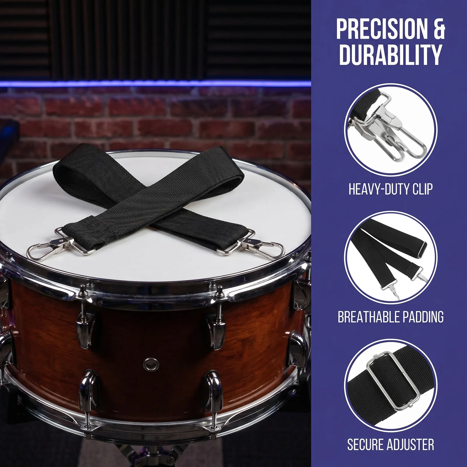 3Pcs Snare Drum Sling Strap Adjustable Black Nylon Metal Buckle Marching Band Parade Drum Carrier Strap Marching Snare Straps