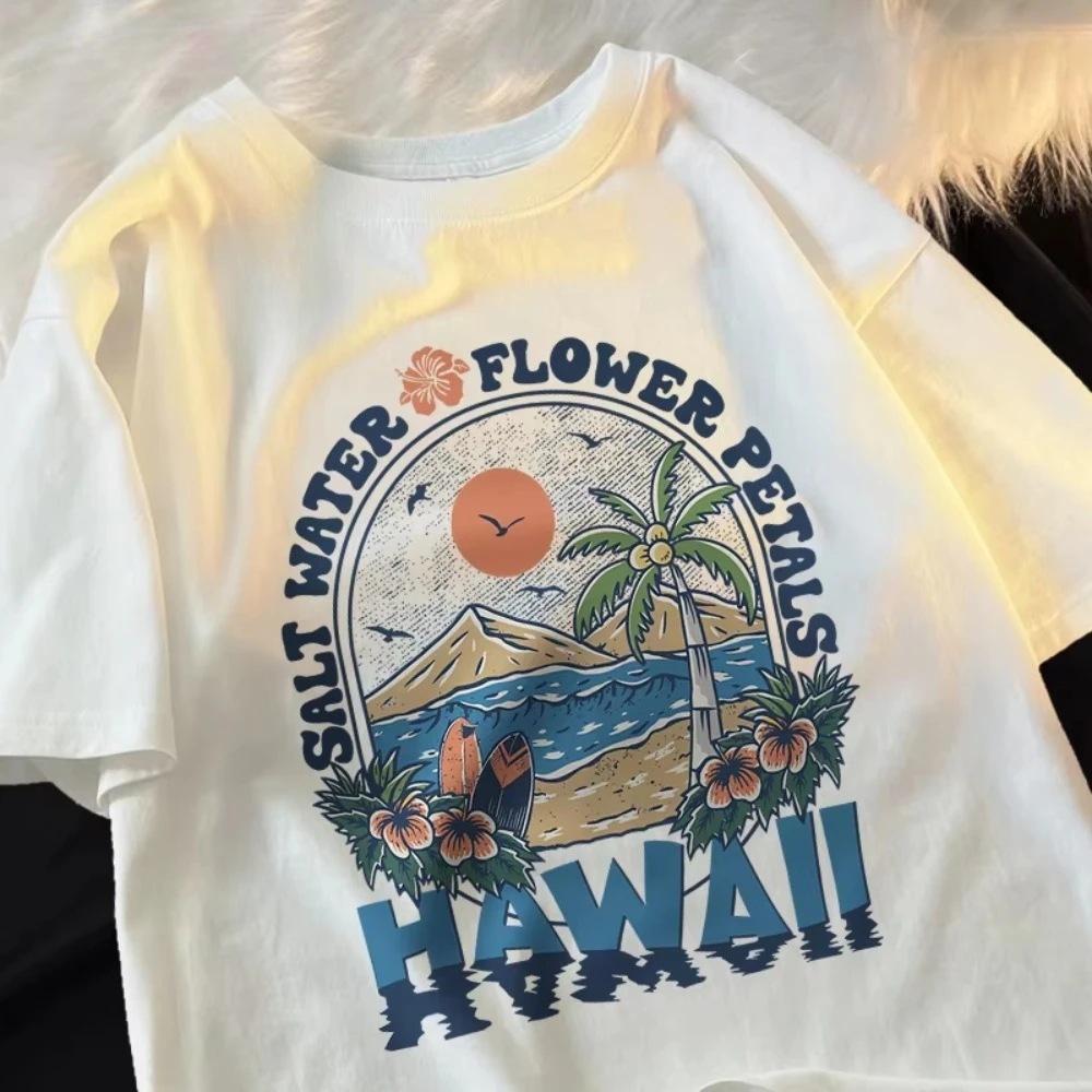 

2025 Seawater petal Hawaiian clothes for men and women Harajuku summer T-shirt cartoon cotton T-shirts, fashionable couple tops
