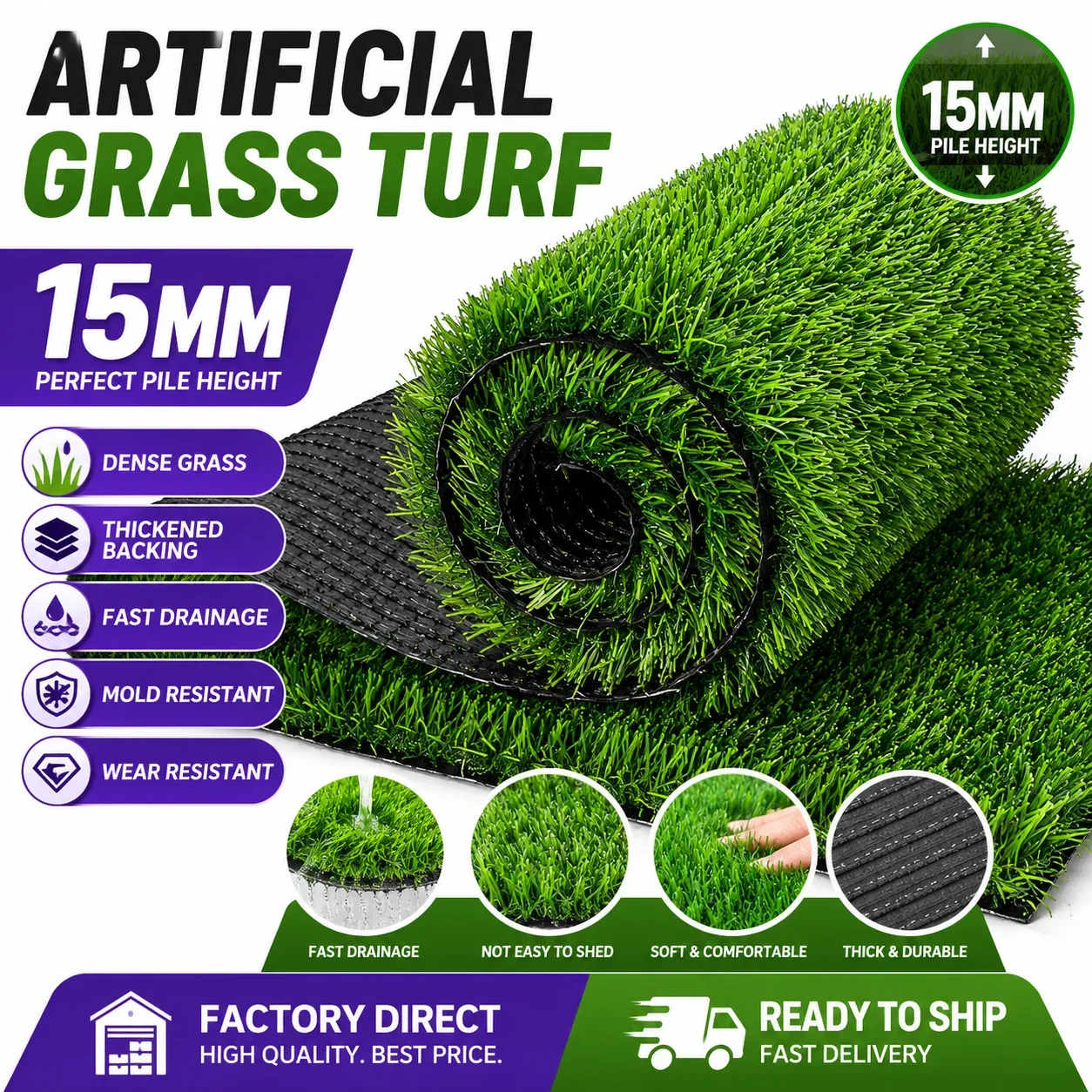 15mm Artificial Grass Turf Mat Thick Realistic Fake Lawn Rug Drainage Synthetic Grass for Garden Patio Balcony Dogs Pets Outdoor