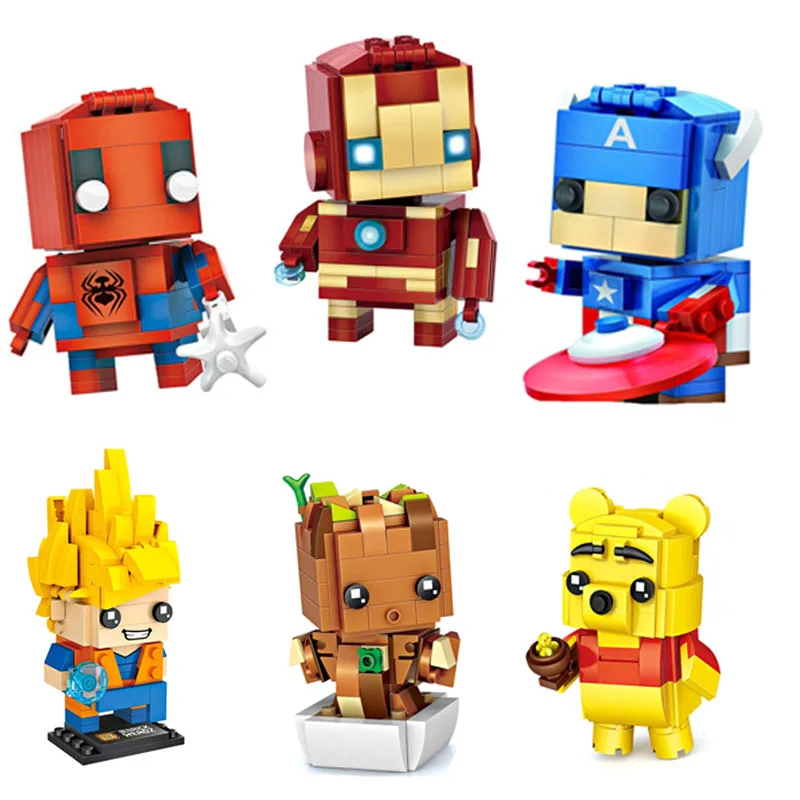 Superhero Square Head Building Blocks Action Anime Figure Groot Spider Man Image Dolls Puzzle Assembly Toy Bricks Children Toys