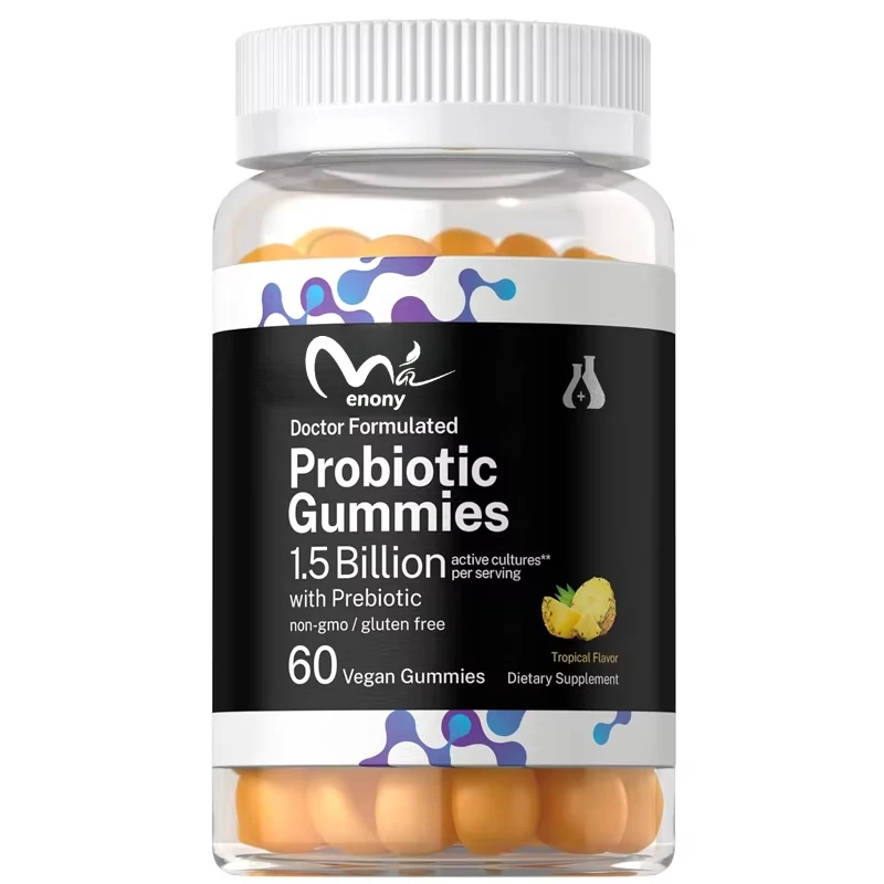 60 probiotic gummies with 1.5 billion effective cells, vegetarian, non GMO and gluten free, suitable for both men and women