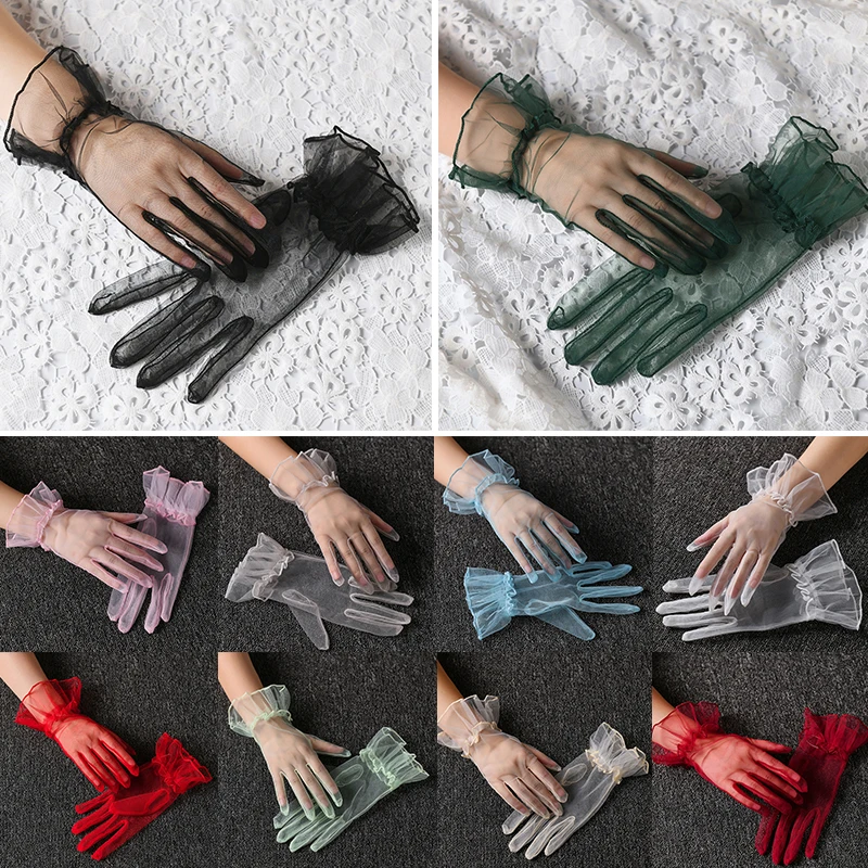 Korte Tule Handschoenen Voor Vrouwen Kant Volle Vinger Wanten Zomer Handschoen Bruiloft Bruidshandschoenen Wit Zwart Mesh Transparante Wanten