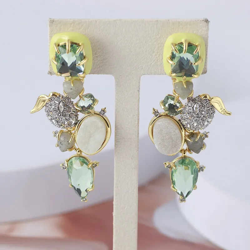 

European And American Tide Brand Jewelry Wholesale Color Enamel Inlaid Light Green Color Zircon Stone Long Ear Clip