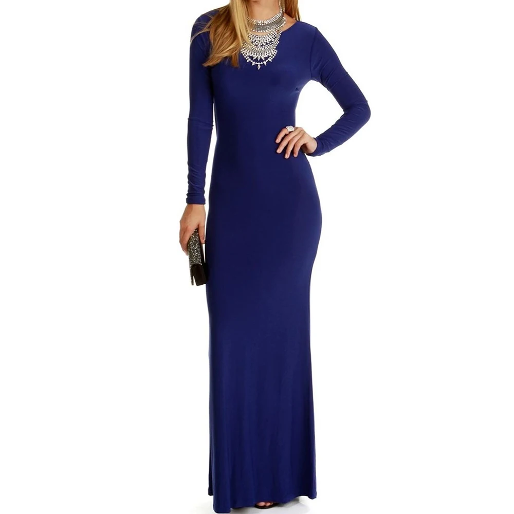 

Customized Elegant Off The Shoulder Jersey Evening Dresses Fashion Straight Floor Length O-neck Long Sleeves Vestidos Para Mujer