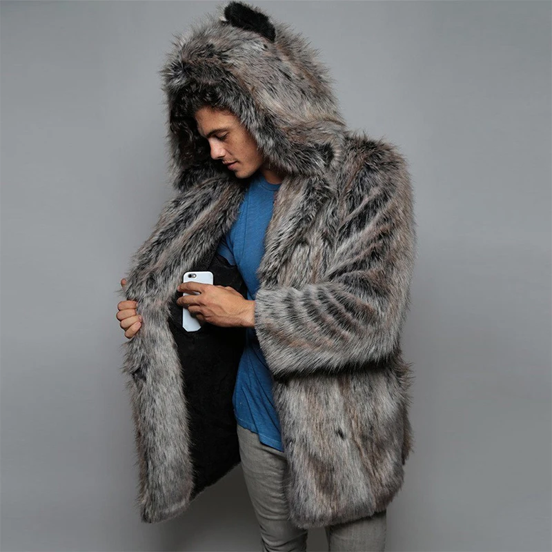 2023 New Faux Fox Fur Coat Men Winter Fake Fur Jacket Fashion Fluffy Hooded Long Jacket Outerwear Thick Warm Man's Overcoat