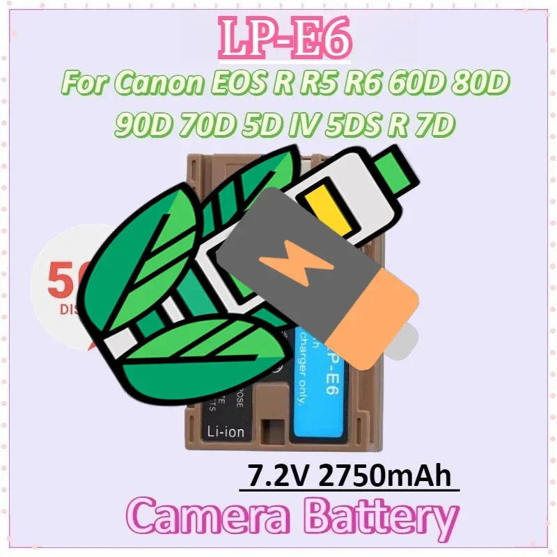 

LP-E6NH 7.2V 2750mAh LP-E6N LP-E6 Camera Battery Type-C Input for Canon EOS R R5 R6 60D 80D 90D 70D 5D IV 5DS R 7D Mark