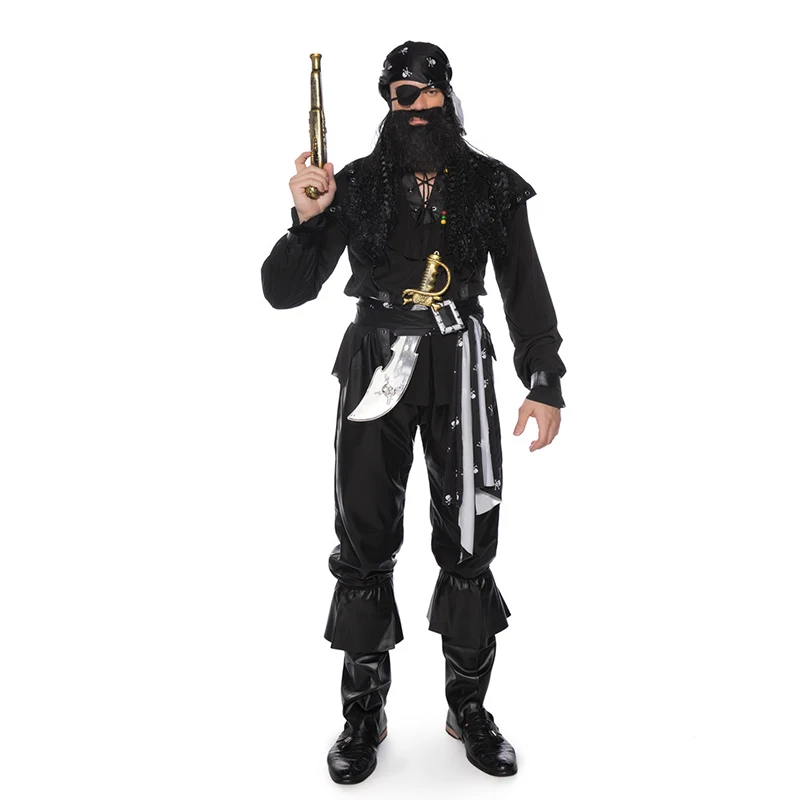 Halloween cosplay costume, Caribbean one eyed pirate costume, masquerade ball party, pirate with fake beard