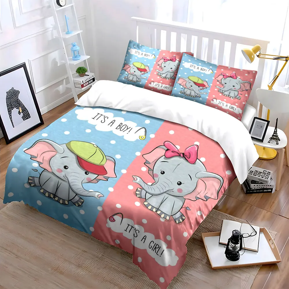 Cute baby elephants gender reveal illustration Print Bedding Set 1 Duvet Cover 2 Pillowcases for Adult and Children Luxury Gift