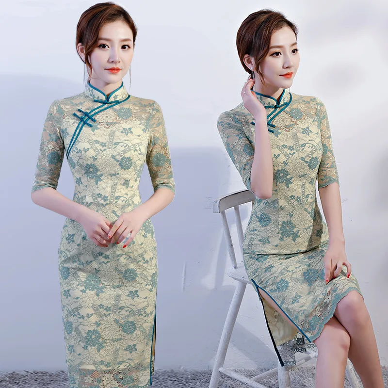 

Improved Cheongsam 2022 New Spring Summer Lace Mid-length Fragrance Girl Mid-sleeve Dignified Chinese Dress Modern Qipao Woman