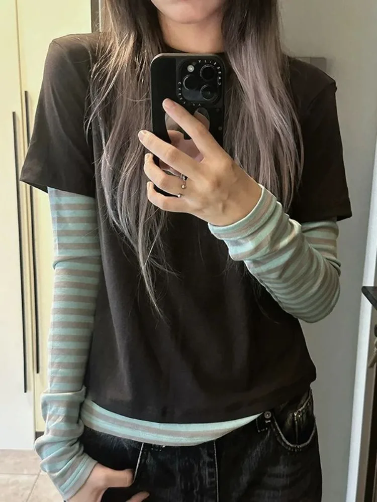 Deeptown Vintage Harajuku Women T-shirts Japanese Y2k Striped Fake Two-piece 2000s Long Sleeve T-shirt Streetwear American Retro