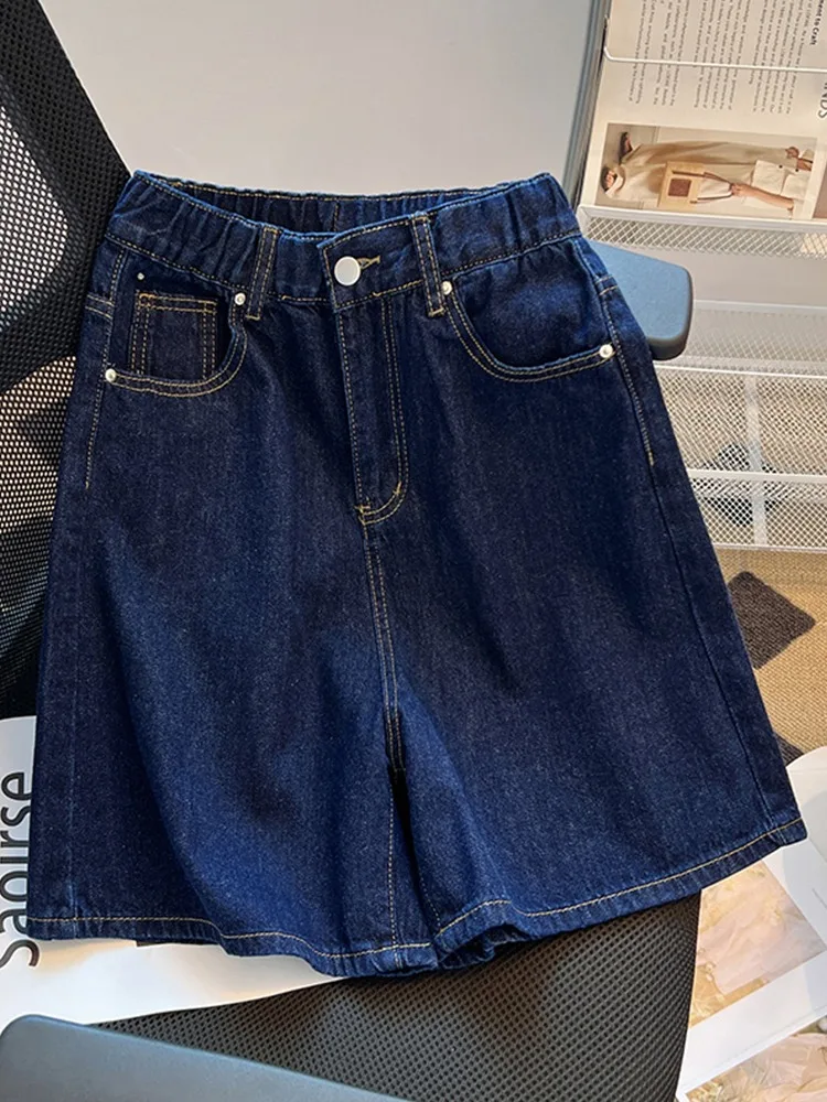 

Deep Blue Denim Shorts Women Summer New Large Size High Waist Wide Leg Jeans Casual All-matched Female Short Pants