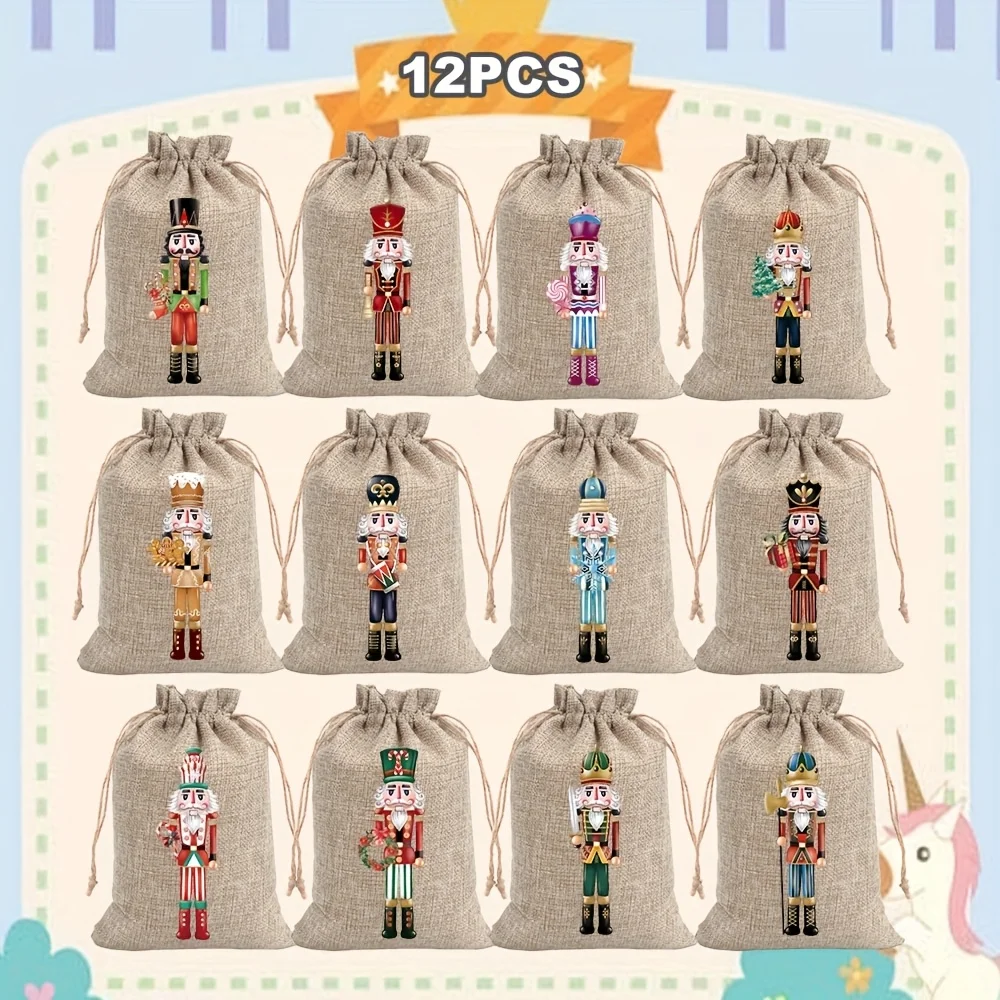 

12PCS Christmas Linen Gift Bags Unique Walnut Clip Holiday Party Decorations with Drawstring Christmas Tree Decoration