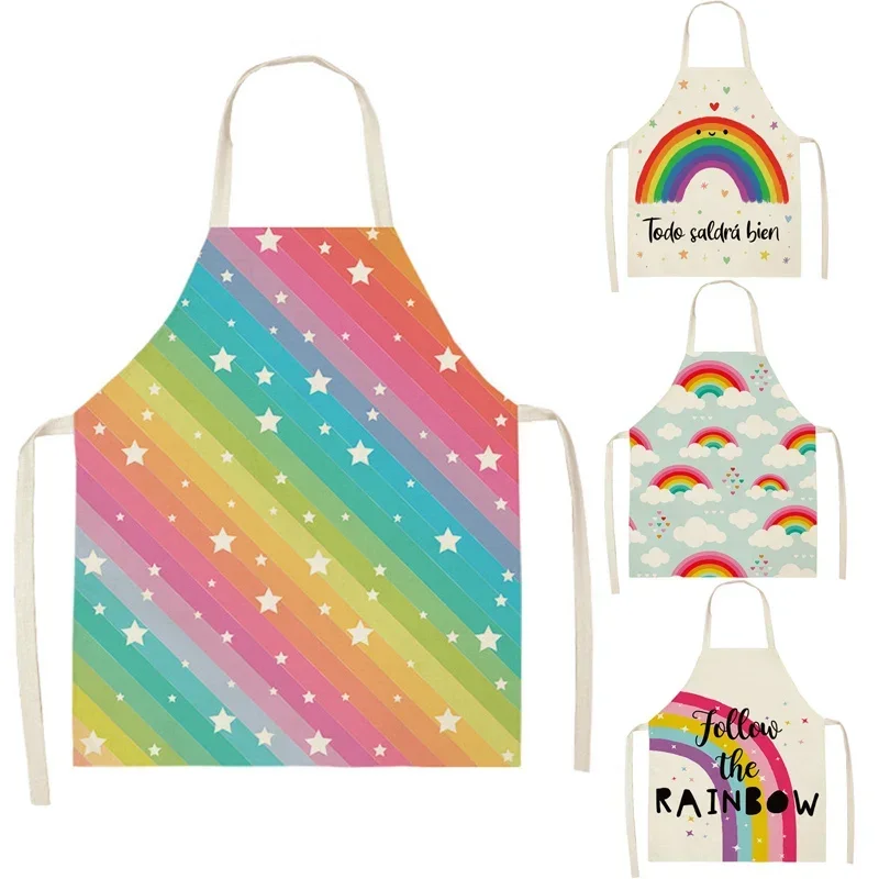 Parent-child Kitchen Apron Cartoon Rainbow Clouds Printed Sleeveless Cotton Linen Aprons for Men Women Home Cleaning Tools