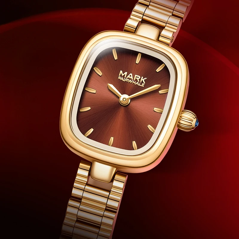 MARK FAIRWHALE FW-3990 Luxury Women's Square Watch Gold Metal Case Brown Dial Quartz Movement Fashion Ladies Wristwatch