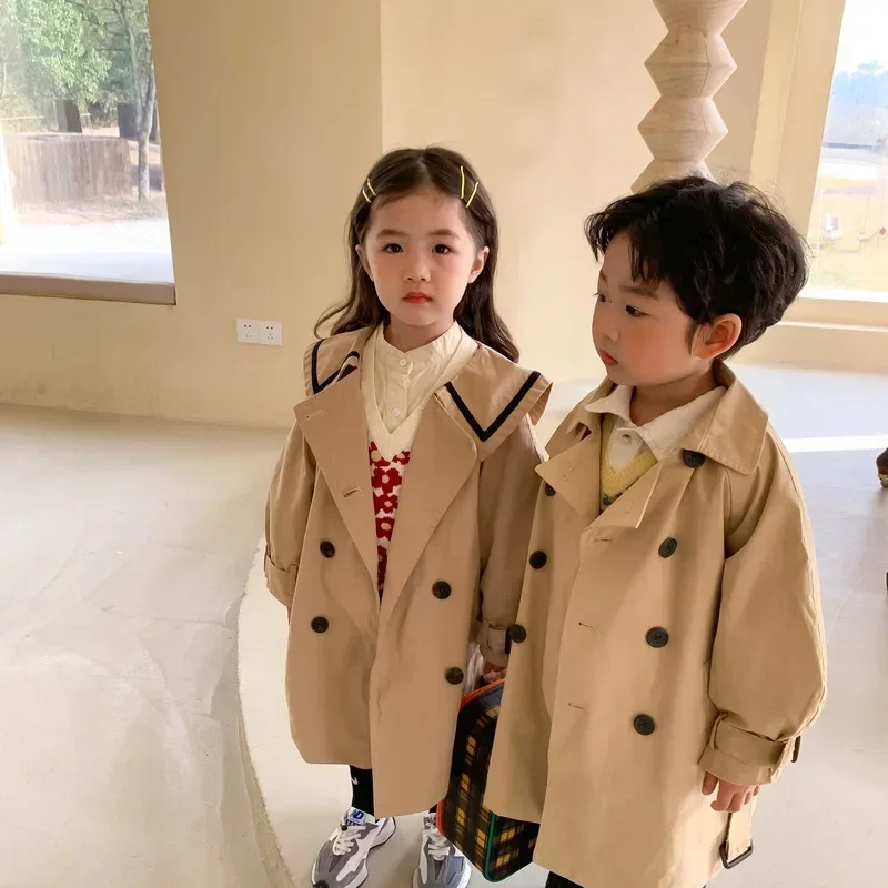 Children Trench 2024 Spring Autumn Boys Girls Korea Solid Color Long Trench Fashion Casual Turn Down Collar Girls Trench Coat