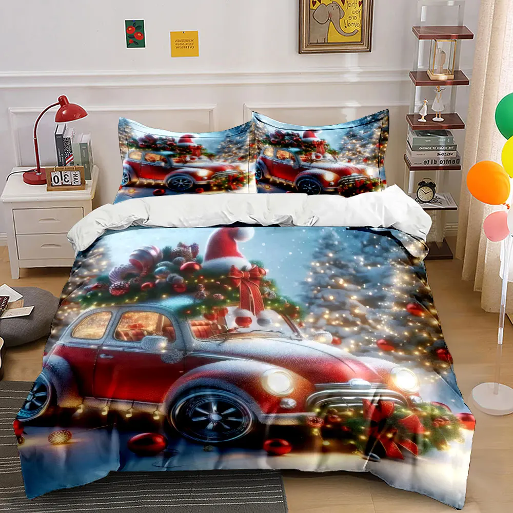Festive red vintage car adorned for Christmas snowy scene Print Duvet Cover Bedding Set Included 1*Duvet Cover 2*Pillowcases