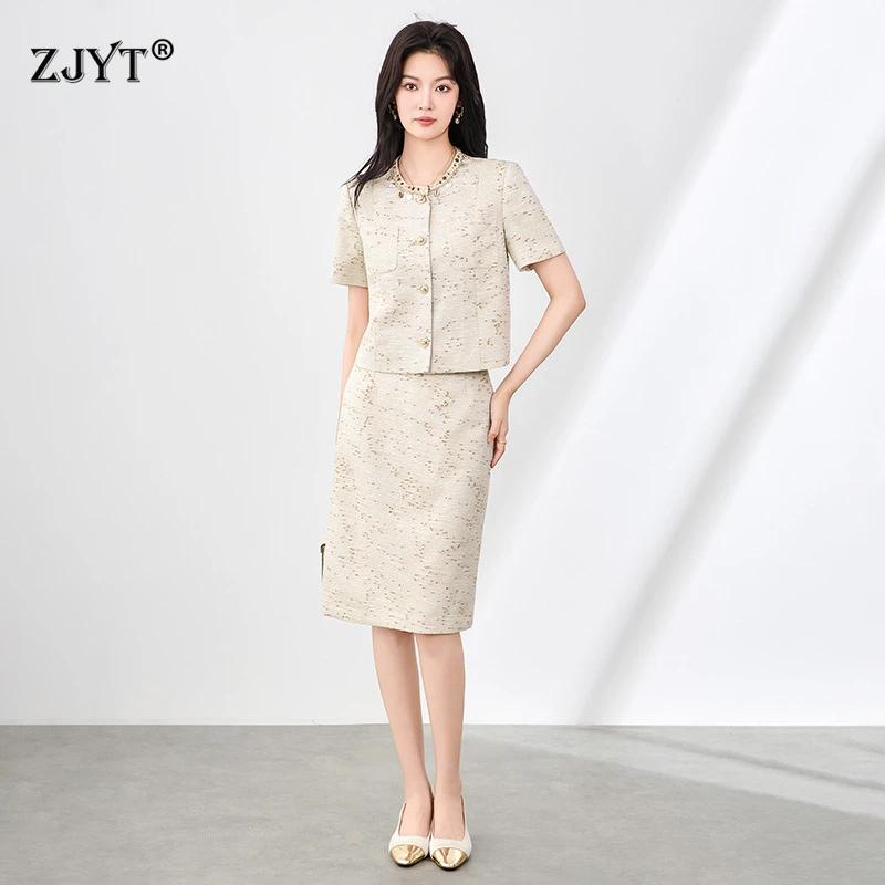 

ZJYT Summer Fashion Women's Short Sleeve Beading O Neck Top and Skirt Sets Suit Two Pieces Matching Set Womens Outfit 2025 New