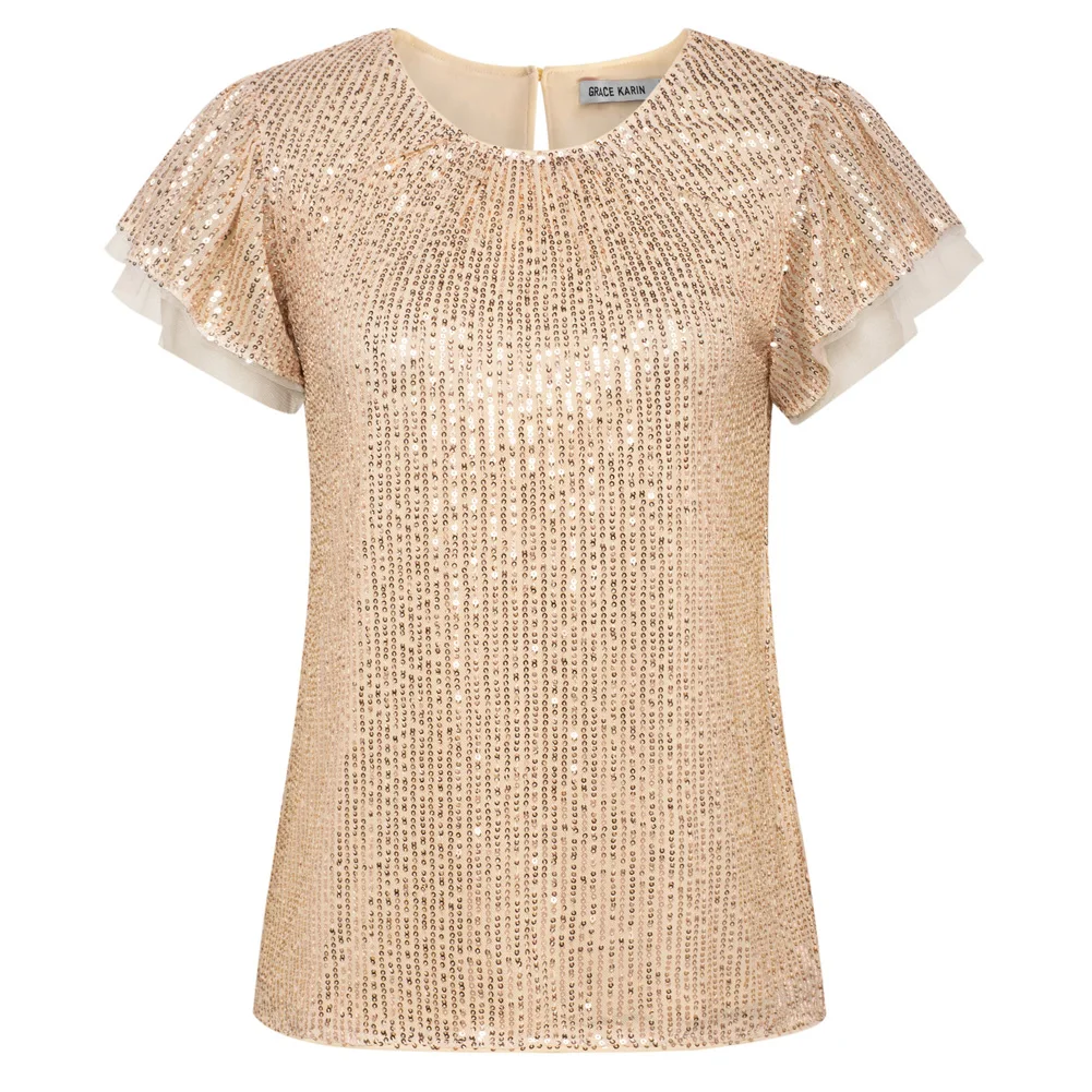 

GK Fashion Women T-shirt Sequined Party Causal Tops Short Flounce Sleeve Crew-Neck Keyhole Back Tops Tee Female Blusa Feminina