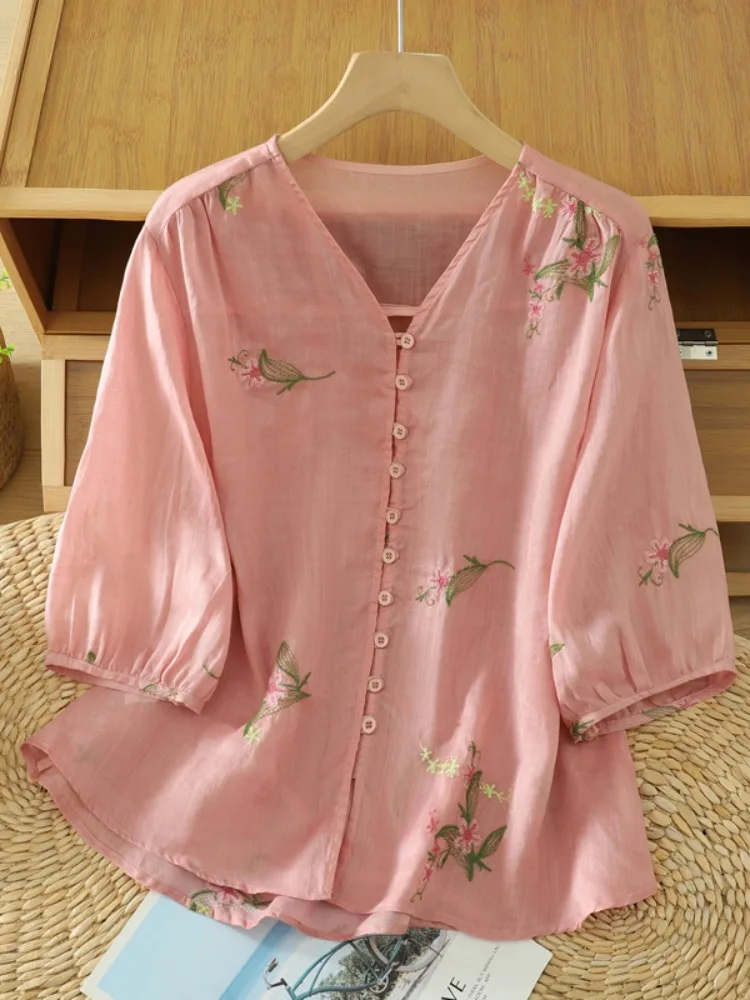 Nuovo cinese Sle Cotone Lino ricamato V-ne irt Donna Estate plus Size Dimagrante Faionable Age-defng f Sve Top