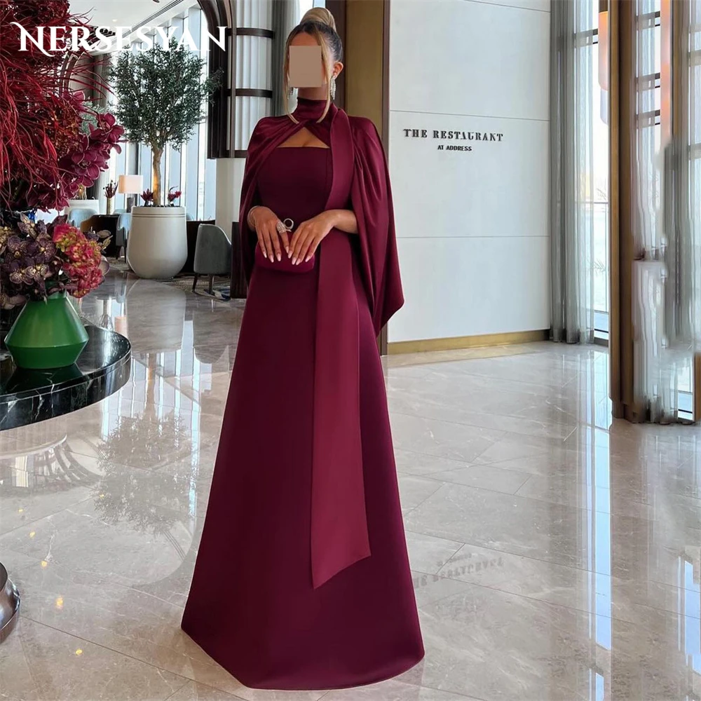 Nersesyan Burgundy Solid Formal Evening Dresses High Neck A-Line Prom Dresses فساتين للمناسبات الرسمية Celebrity Party Gowns