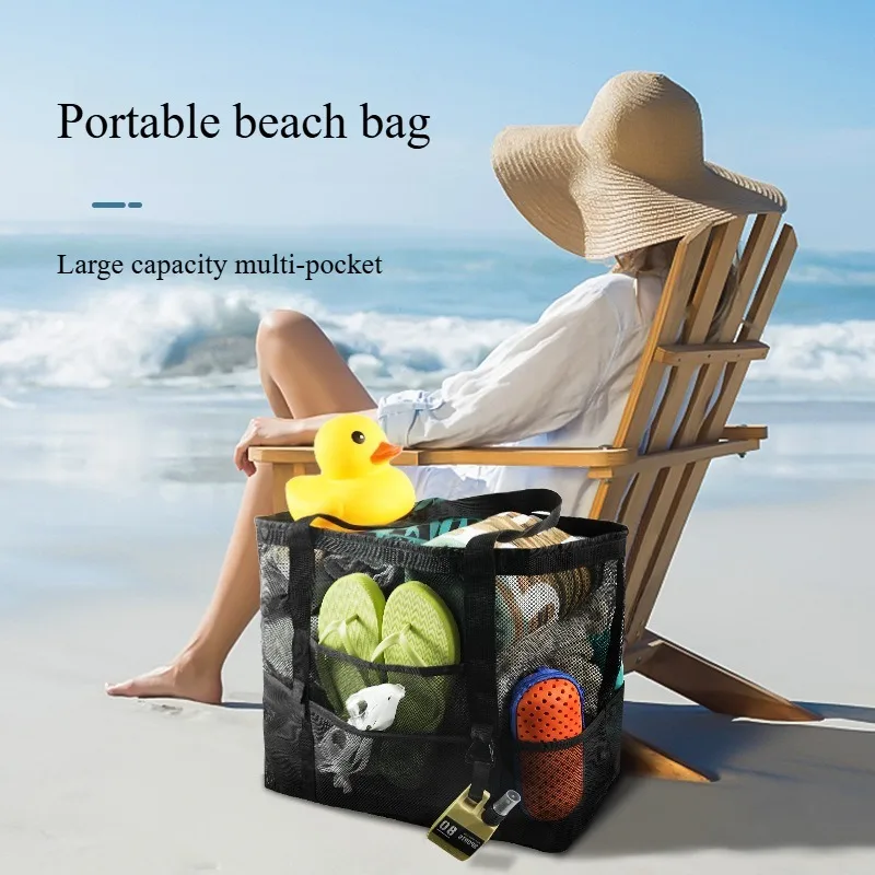 One set of embossed mesh beach bag shoulder handbag travel toiletry bag fitness swimming storage bag 8 pockets beach