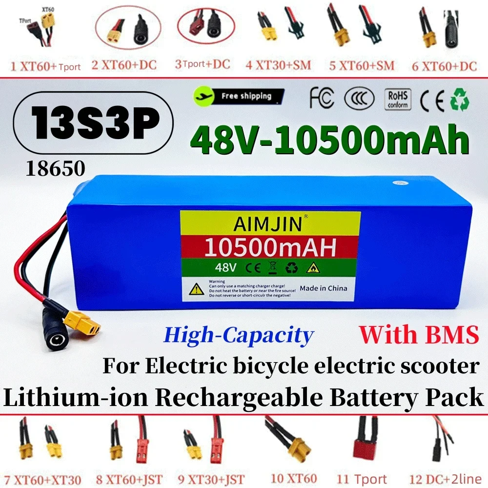 48V 10500mAh 13S3P 18650 Lithium-ion 10.5Ah battery pack 1000W For 54.6v Motorized Scooter with BMS+54.6V 2A Charger