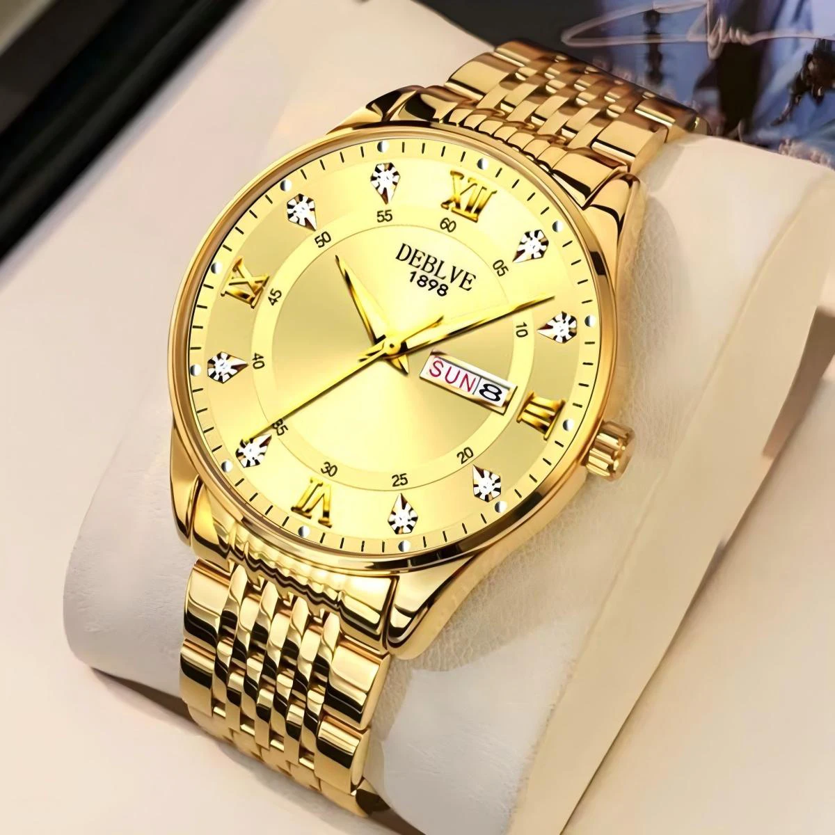 

Элегантные мужские часы из нержавеющей стали с серебряным покрытием - деловые наручные часы с бриллиантами и функцией отображения дня недели и даты для официальных мероприятий