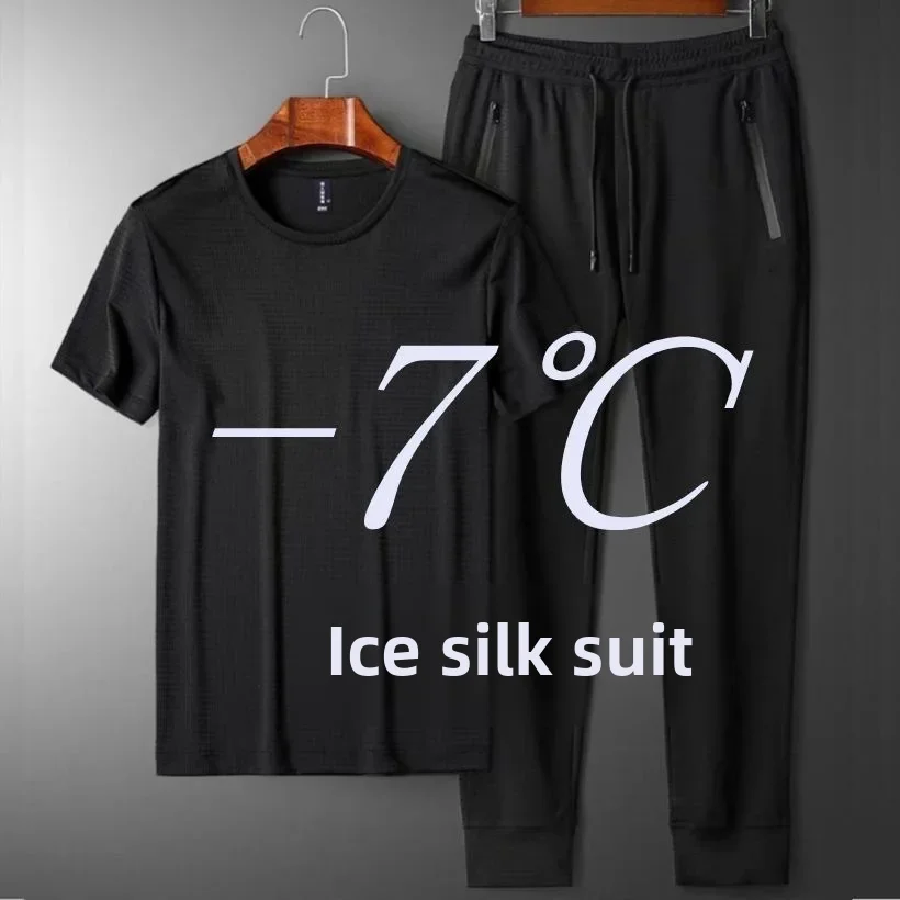 Zomer sneldrogend hardloopsportpak korte mouwen T-shirts heren casual ijszijde 2-delige set