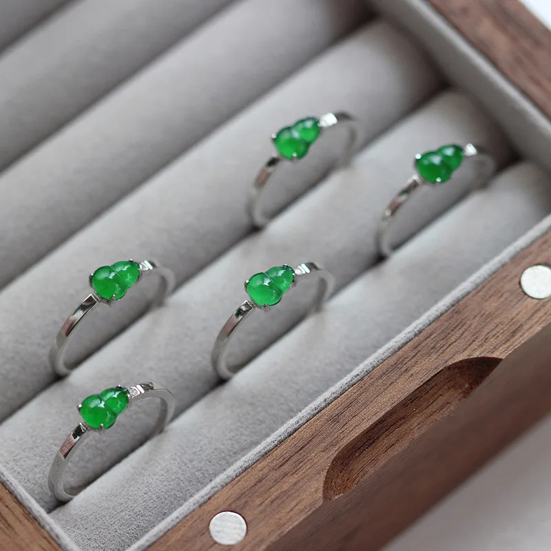 S925 Sterling Silver Inlaid With High-Quality Jade Gourd-Shaped Women, Adjustable Open Ring